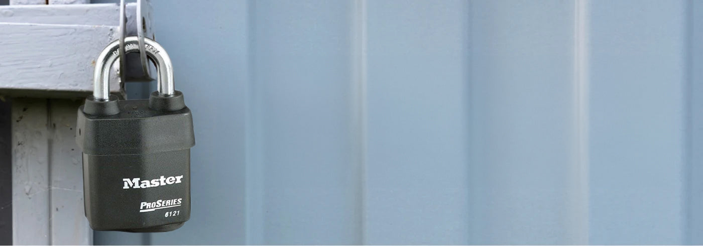 Master Lock ProSeries Weather Tough lock on a blue door